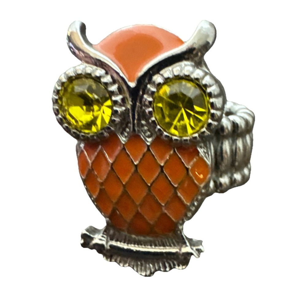 Adjustable ring silver tone Enamel OWL Yellow Glass Eyes,Orange Body